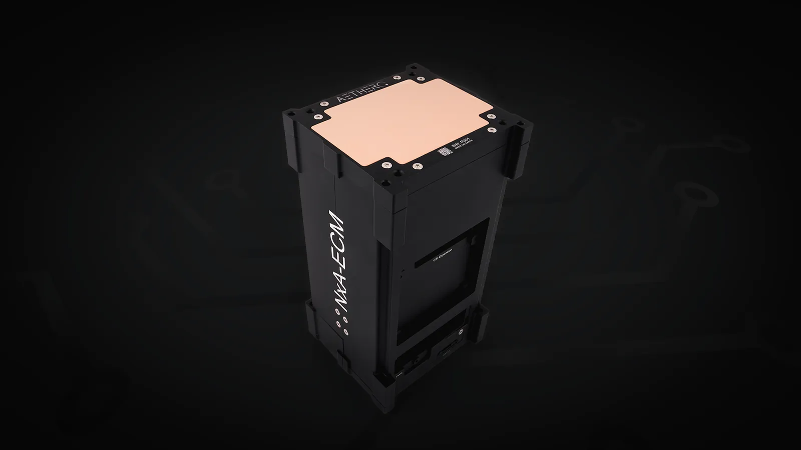 Assembled NxA-ECM enclosure, black anodized with copper thermal plate