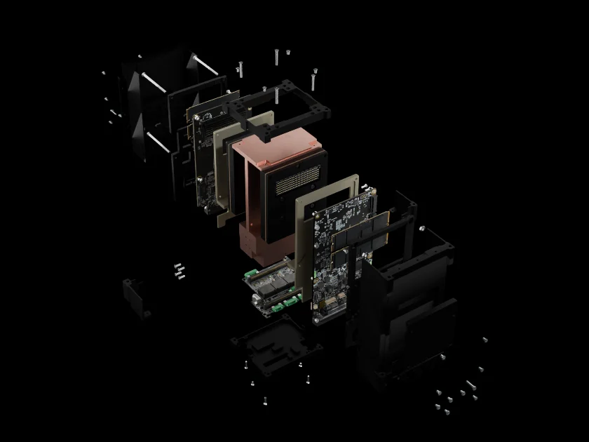 Exploded view of the NxA-ECM: enclosure, compute cards, copper core and supervisor